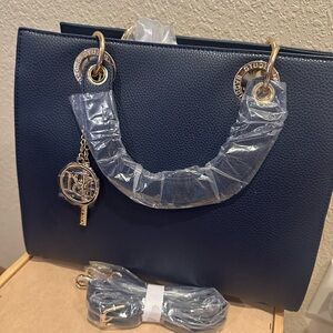 Navy Blue Leather Tote Bag